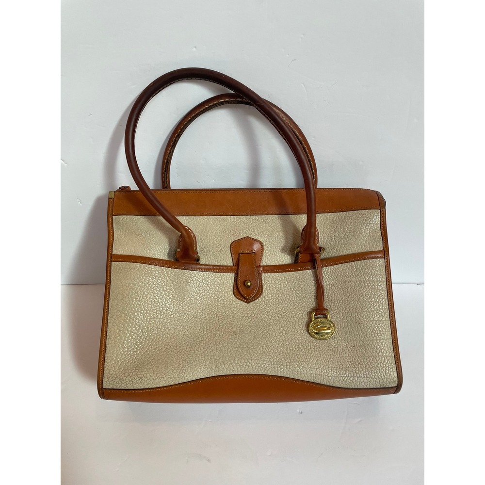 Dooney & Bourke All Weather Leather Satchel Handbag Cream Tan Vintage Duck Fob